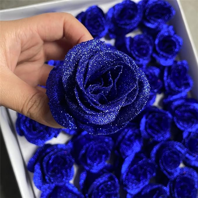 Blue Glitter Rose Heads (50 pcs)