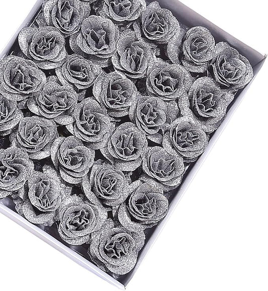 Silver Glitter Rose Heads (50 pcs)