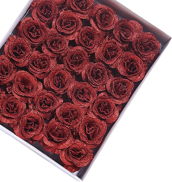 Red Glitter Rose Heads (50 pcs)